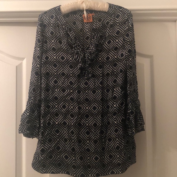 Tory Burch Navy & White Dot Diamond Ruffle Tunic - Picture 1 of 8
